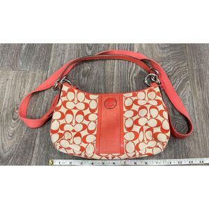 COACH Signature Jacquard Coral Orange Beige Tan Shoulder Crossbody Bag Purse